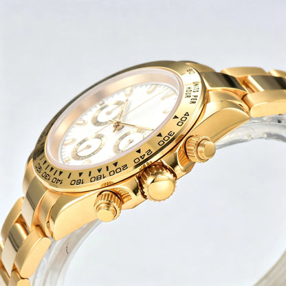 Side angle view of gold white VK63 Daytona style Seiko mod watch, gold tachymeter bezel detail