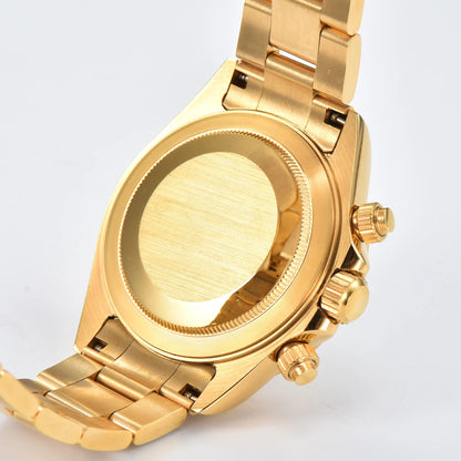 Side view of gold VK63 Daytona style Seiko mod watch, stainless steel chronograph pushers detail