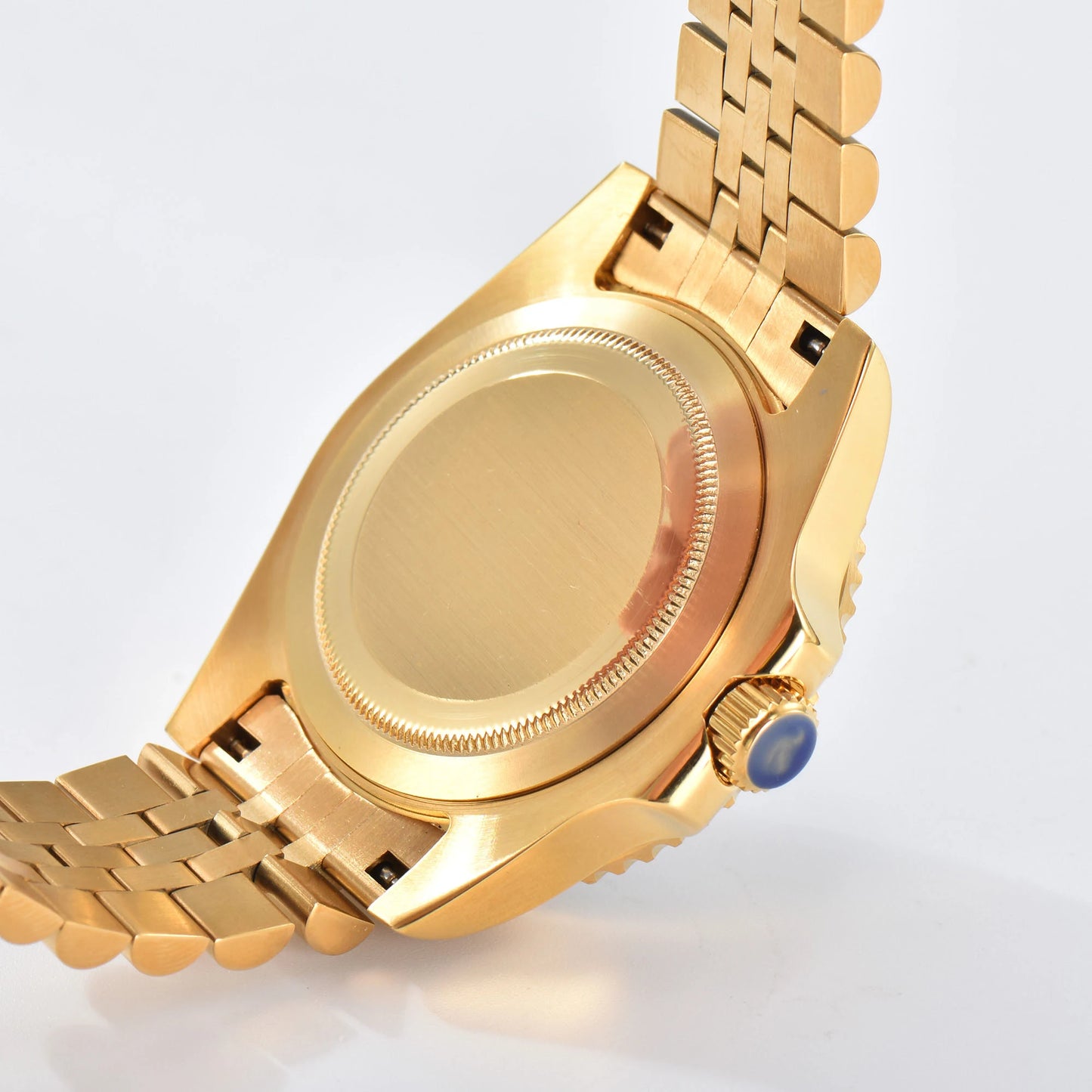Custom GMT Seiko mod watch with close case back showing gold 316L stainless steel case