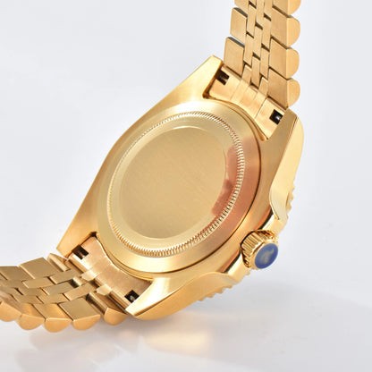 Custom GMT Seiko mod watch with close case back showing gold 316L stainless steel case