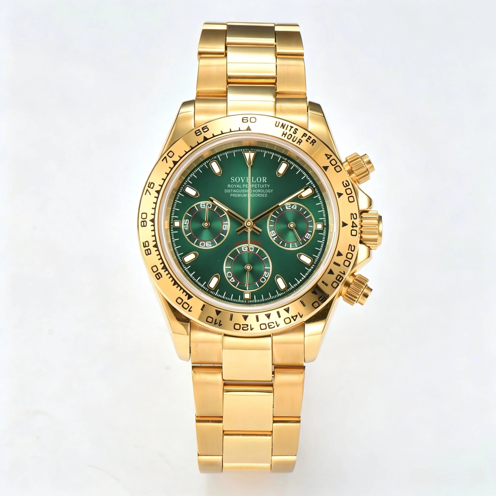 Custom gold green Seiko mod chronograph watch, Daytona style with green dial, VK63 hybrid movement