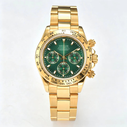 Custom gold green Seiko mod chronograph watch, Daytona style with green dial, VK63 hybrid movement