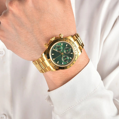 Men's gold green VK63 Daytona style Seiko mod chronograph watch on wrist, business lifestyle shot