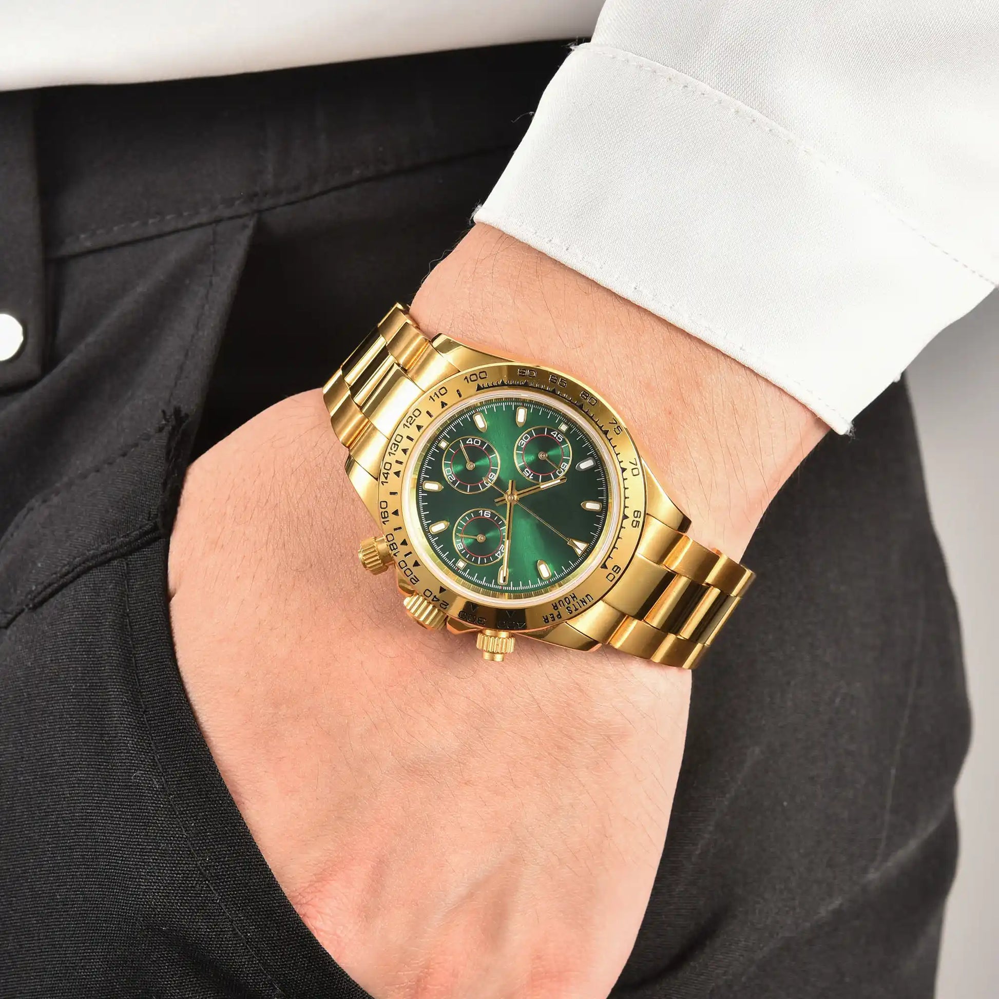 Gold green VK63 Daytona style Seiko mod chronograph watch worn on wrist, casual daily wear shot