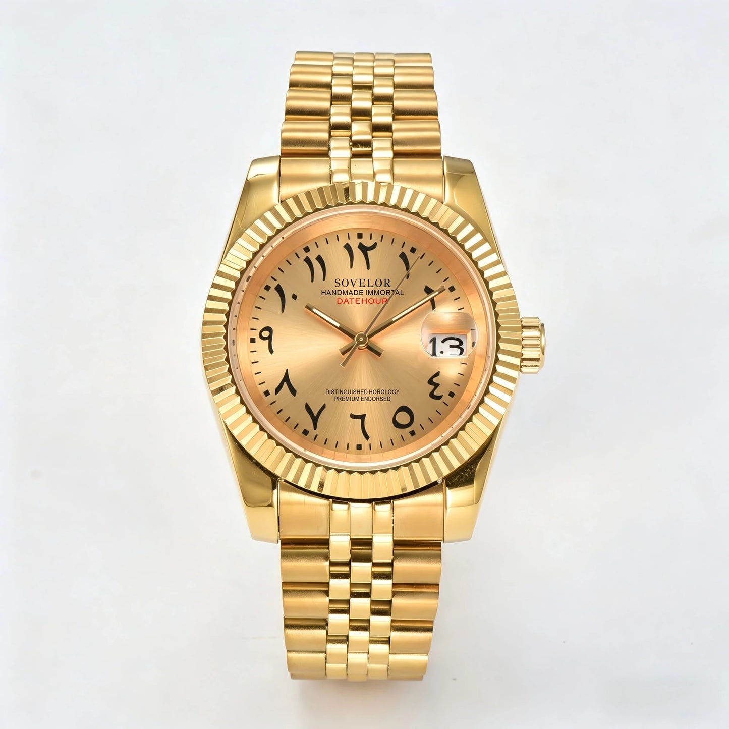 Seiko mod custom watch with Arabic gold dial and Seiko NH35 automatic movement, sapphire crystal case