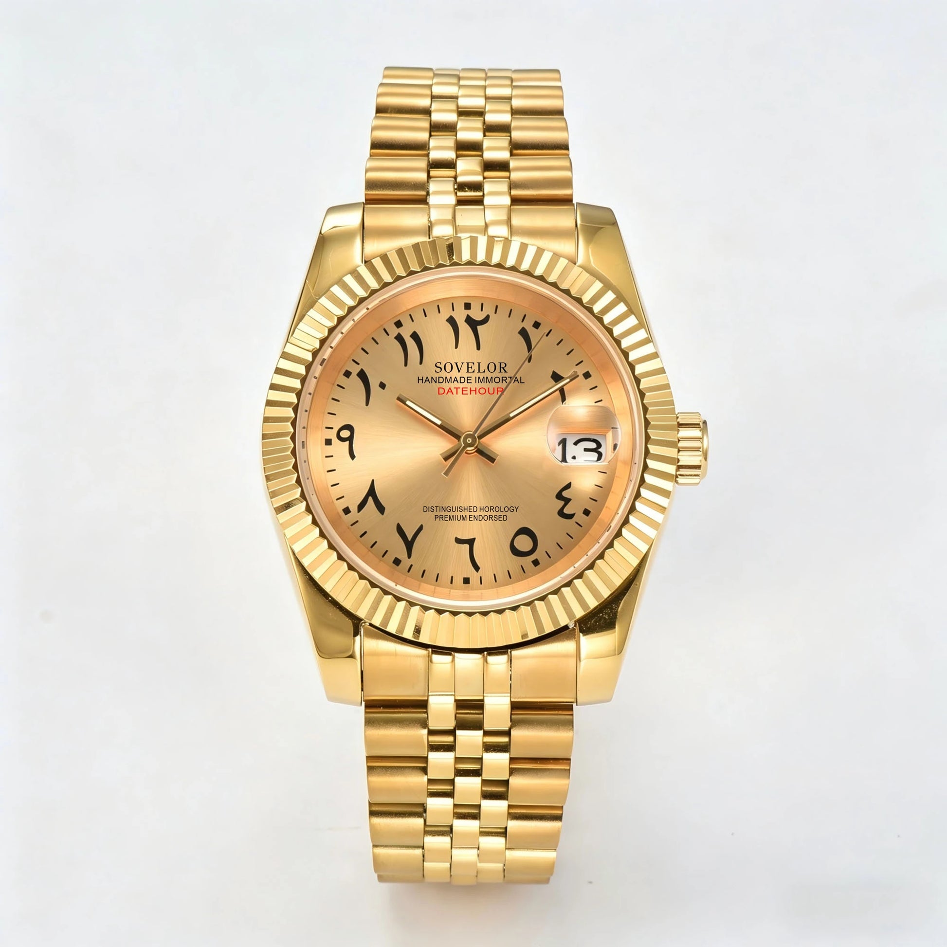 Seiko mod custom watch with Arabic gold dial and Seiko NH35 automatic movement, sapphire crystal case