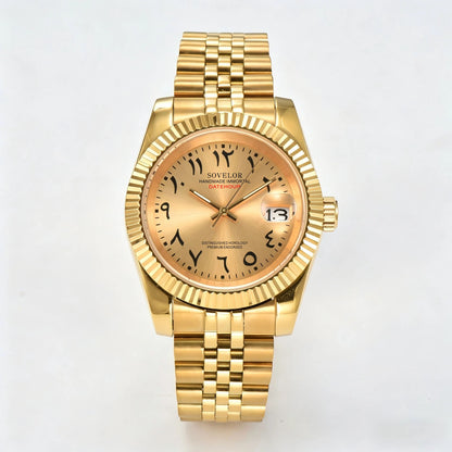 Seiko mod custom watch with Arabic gold dial and Seiko NH35 automatic movement, sapphire crystal case