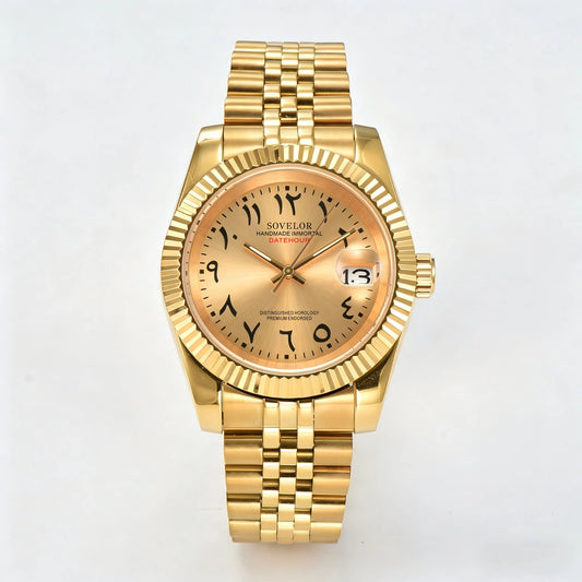 Seiko mod custom watch with Arabic gold dial and Seiko NH35 automatic movement, sapphire crystal case