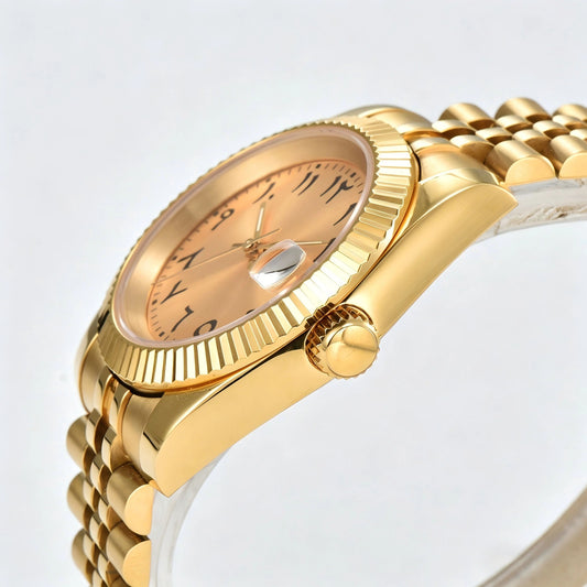 Side view of Seiko modified datejust watch showing signed screw-down crown and sapphire crystal gold case