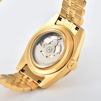 Custom Seiko mod watch with exhibition case back showing Seiko NH35 automatic movement with custom rotor
