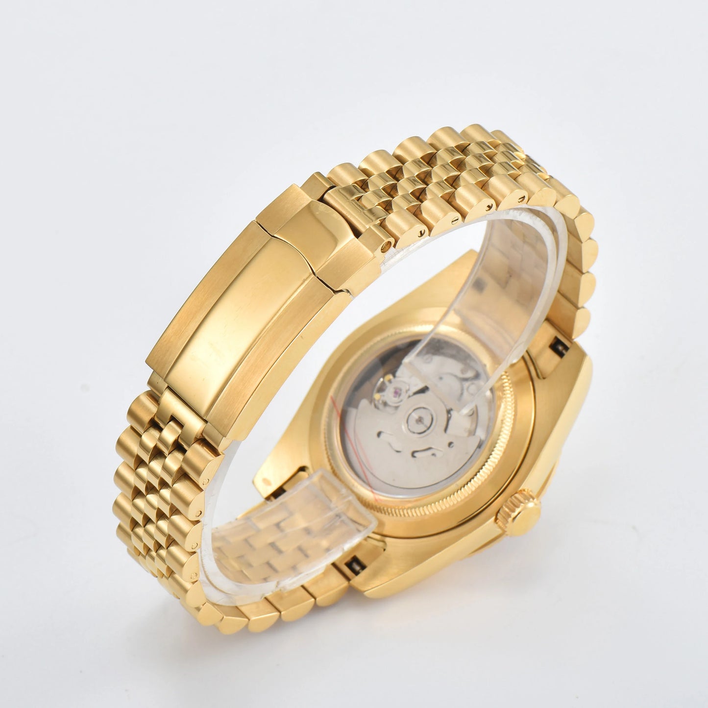 Close-up of custom Seiko mod watch solid stainless steel gold Jubilee bracelet with safety folding clasp and micro-adjustment