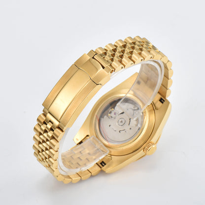 Close-up of custom Seiko mod watch solid stainless steel gold Jubilee bracelet with safety folding clasp and micro-adjustment