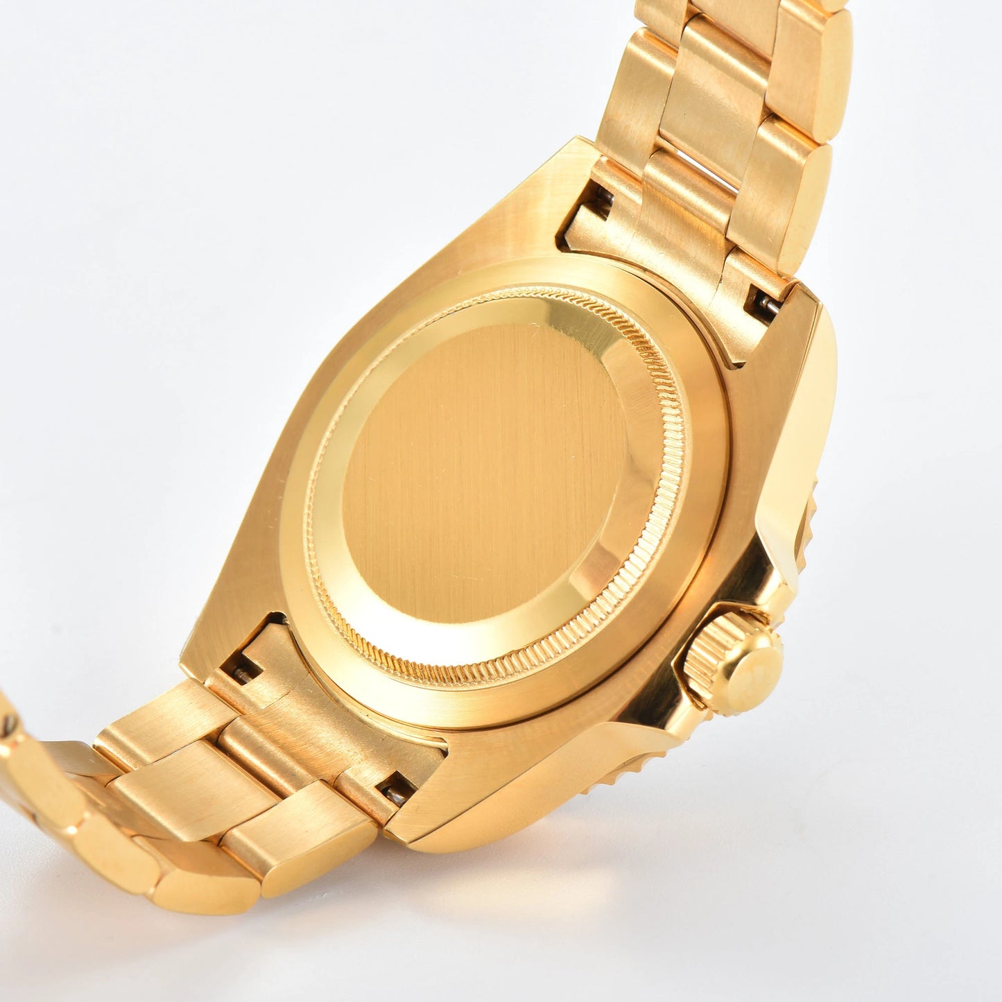 Custom Seiko mod watch with close case back showing gold 316L stainless steel case