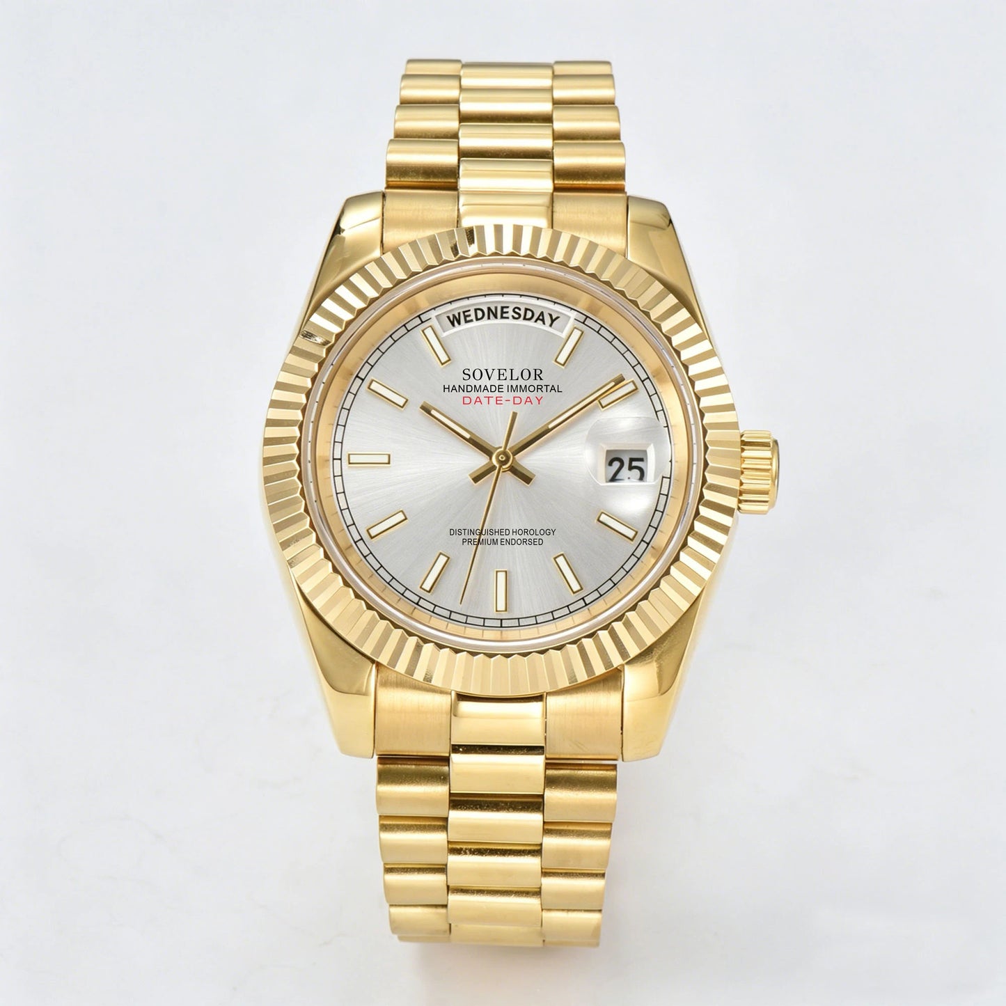 Custom gold silver Seiko mod watch, day-date style with genuine Miyota 8285 movement