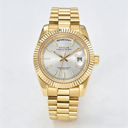 Custom gold silver Seiko mod watch, day-date style with genuine Miyota 8285 movement