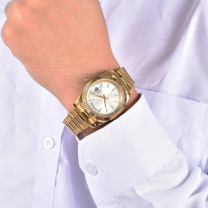 gold custom Seiko mod watch worn on wrist, casual daily wear