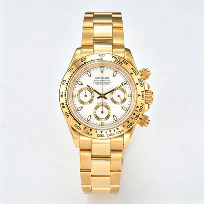 Custom gold white Seiko mod chronograph watch, Daytona style with white dial, VK63 hybrid movement