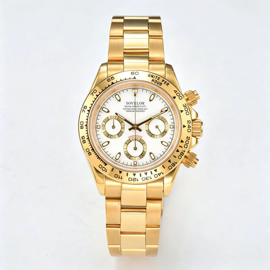 Custom gold white Seiko mod chronograph watch, Daytona style with white dial, VK63 hybrid movement
