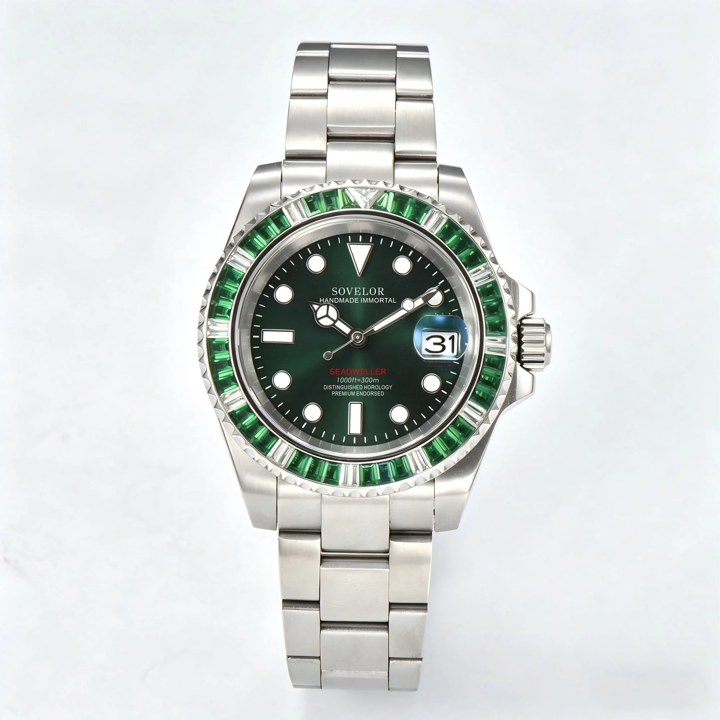 Custom green gem-set bezel Seiko mod watch, diver style with NH35 automatic movement