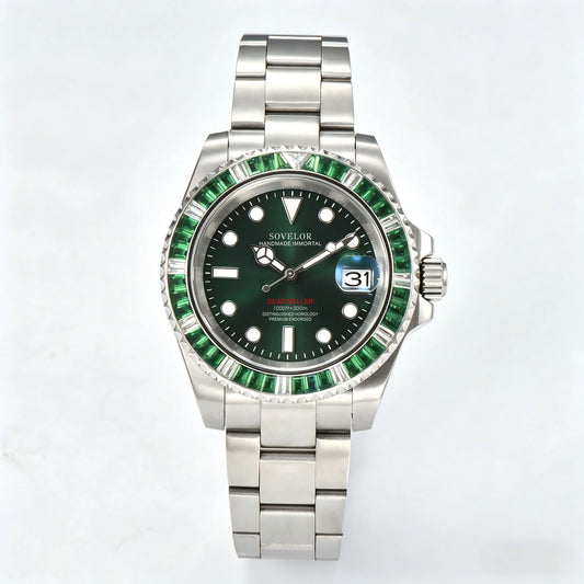 Custom green gem-set bezel Seiko mod watch, diver style with NH35 automatic movement