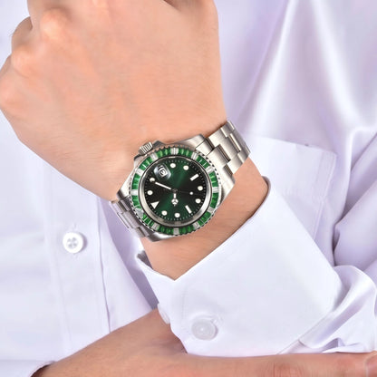 Men's green gem bezel Seiko mod watch on wrist, diver style business wear