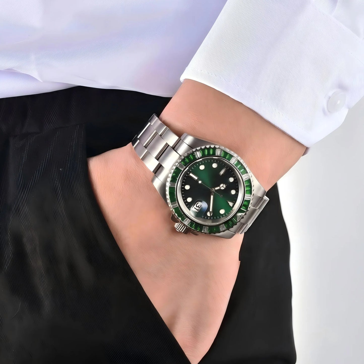 Green gem bezel custom Seiko mod watch on wrist, casual diver style lifestyle