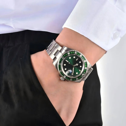 Green gem bezel custom Seiko mod watch on wrist, casual diver style lifestyle