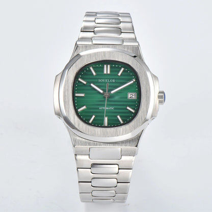 Custom Nautilus style Seiko mod watch, green gradient dial with stainless steel bracelet, NH35 automatic movement