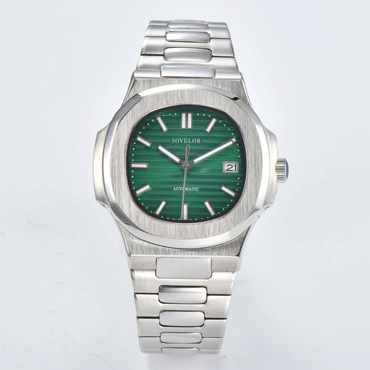 Custom Nautilus style Seiko mod watch, green gradient dial with stainless steel bracelet, NH35 automatic movement