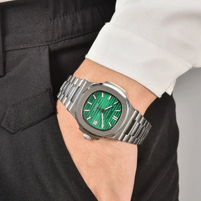 Men's green dial Nautilus style Seiko mod watch on wrist, casual daily wear lifestyle shot