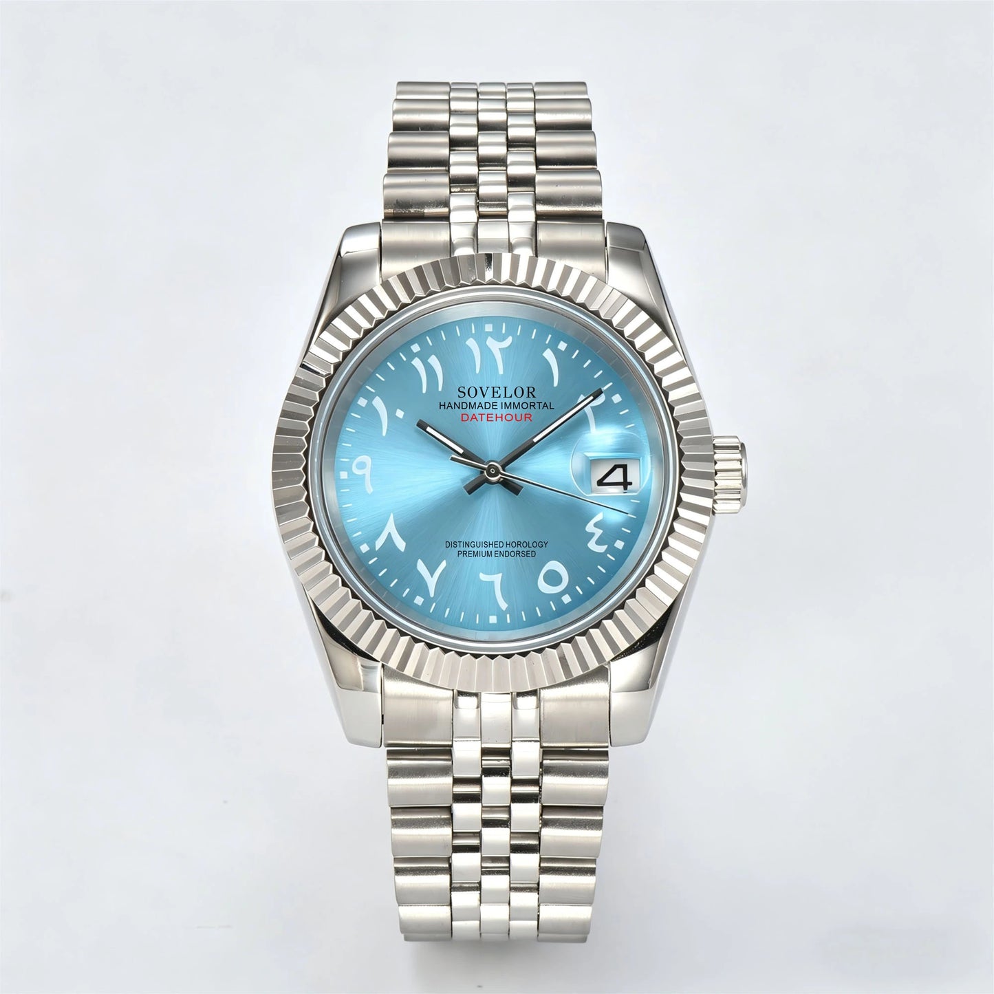 Seiko mod custom watch with Arabic ice blue dial and Seiko NH35 automatic movement, sapphire crystal case