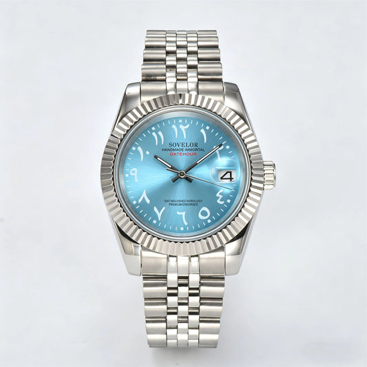 Seiko mod custom watch with Arabic ice blue dial and Seiko NH35 automatic movement, sapphire crystal case