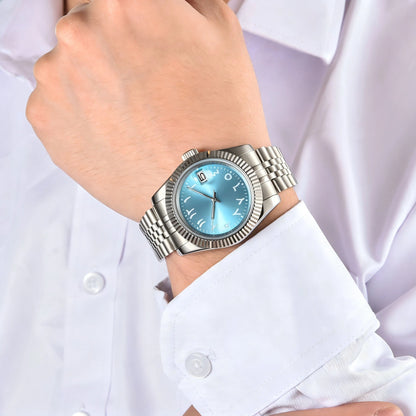 Wrist shot of custom Seiko nh35 datejust mod watch with sapphire crystal and Arabic ice blue dial