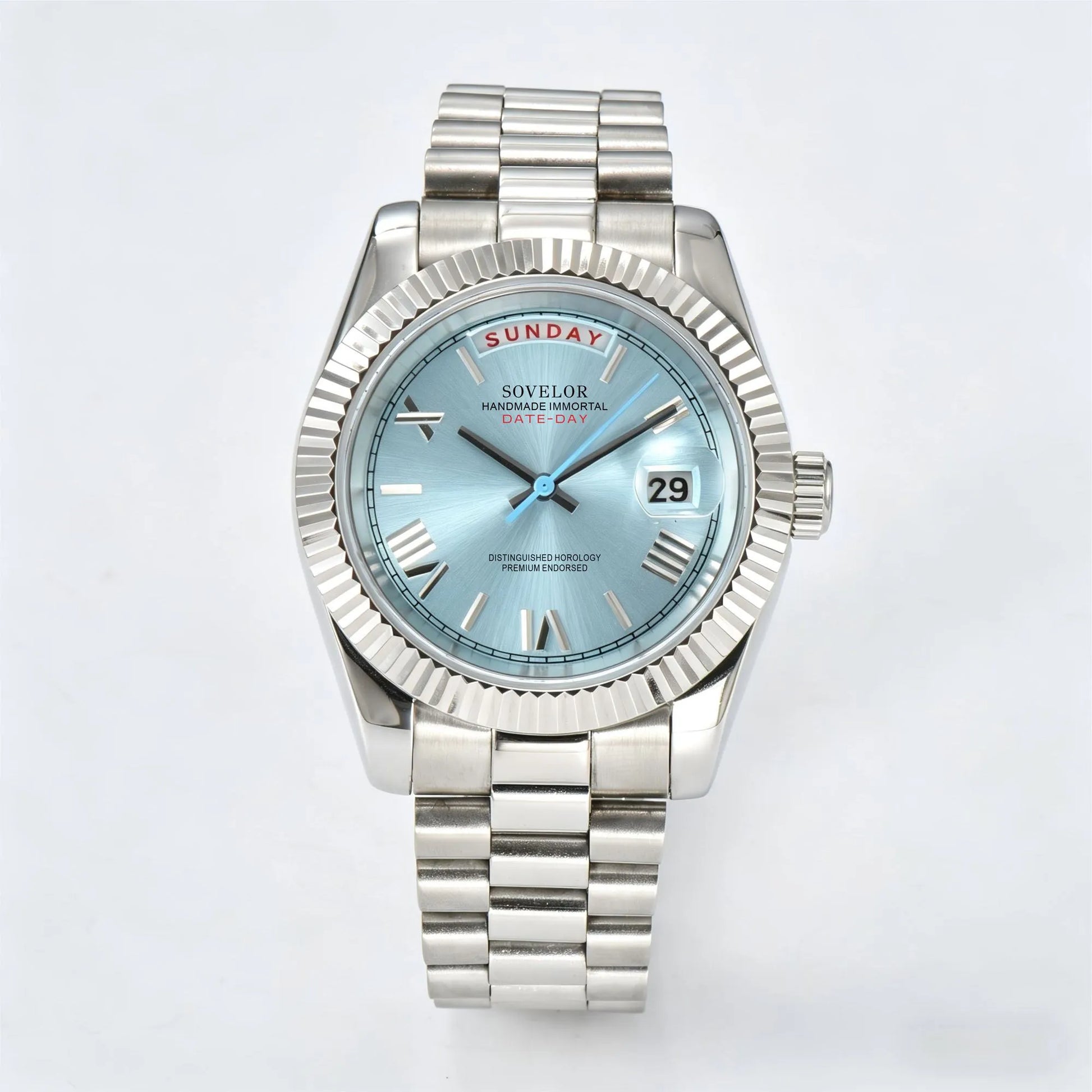 Custom ice blue Seiko mod watch, day-date style with Miyota 8285 movement
