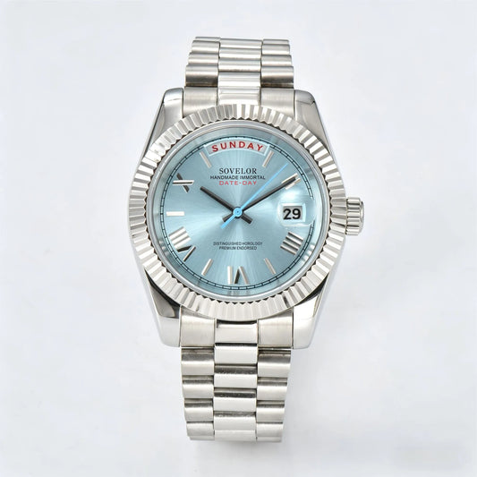 Custom ice blue Seiko mod watch, day-date style with Miyota 8285 movement