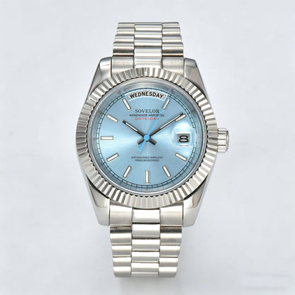 Custom ice blue Seiko mod watch, day-date style with Miyota 8285 movement