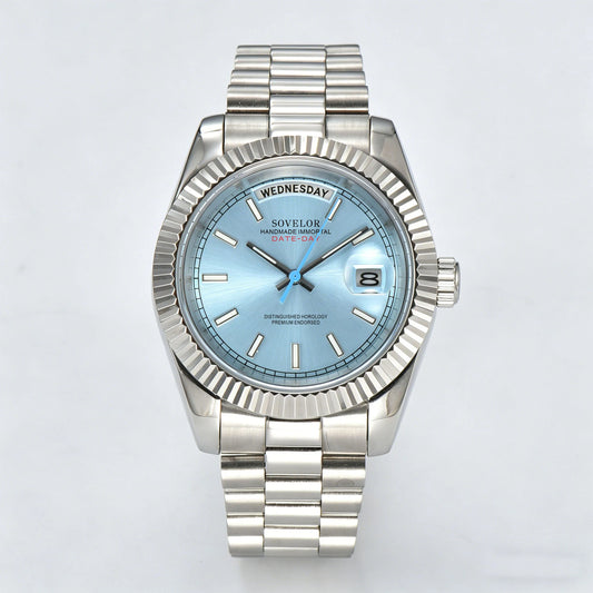 Custom ice blue Seiko mod watch, day-date style with Miyota 8285 movement