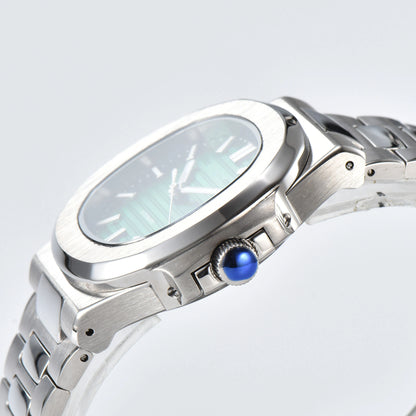 Side view of Nautilus style Seiko mod watch, polished stainless steel case and silver crown detail