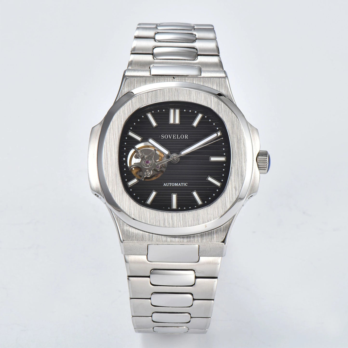 Custom Nautilus style Seiko mod watch, black open heart dial with stainless steel bracelet, NH38 automatic movement
