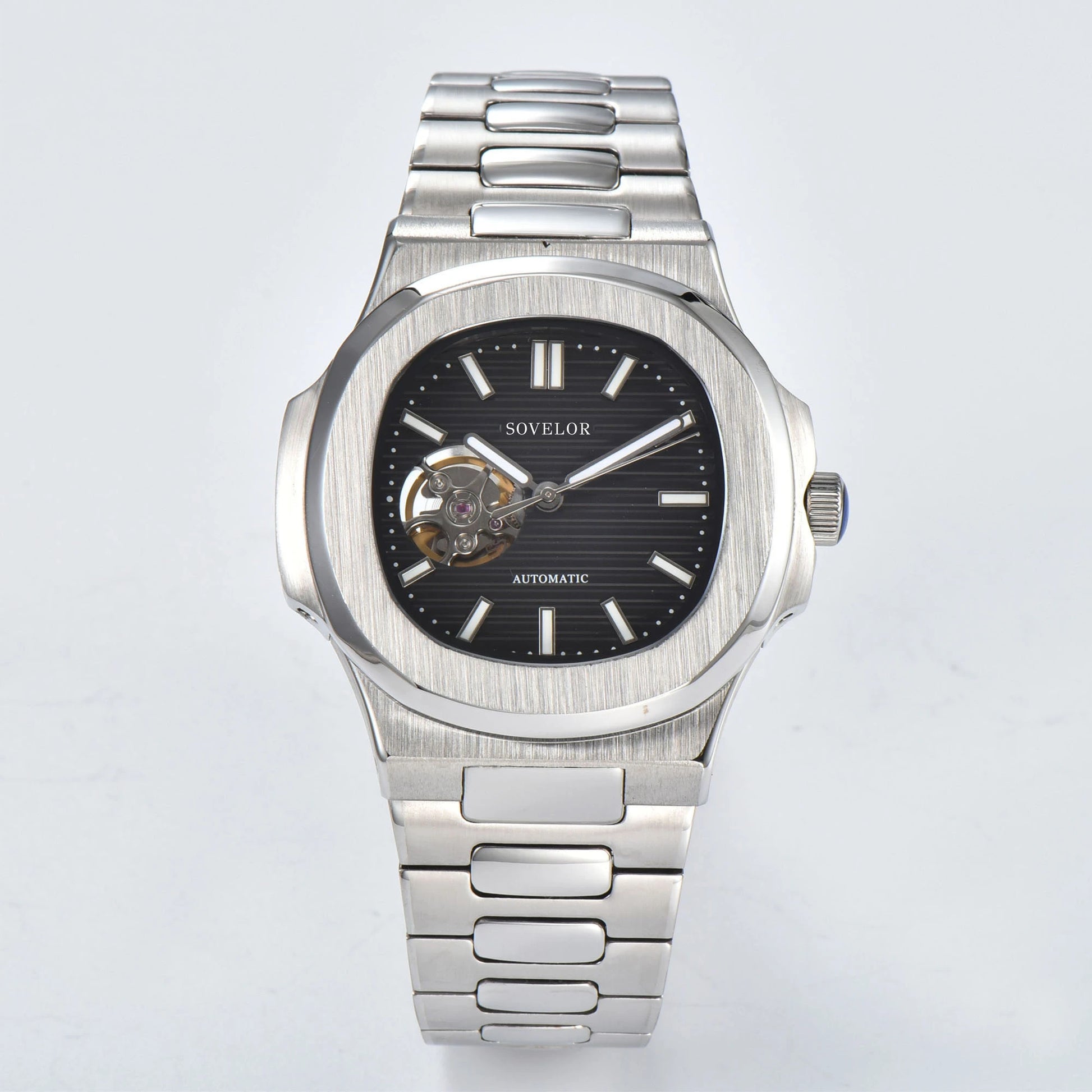 Custom Nautilus style Seiko mod watch, black open heart dial with stainless steel bracelet, NH38 automatic movement