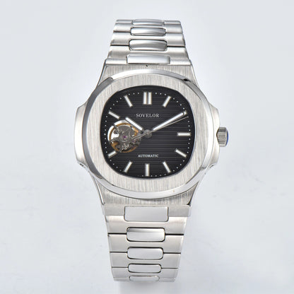 Custom Nautilus style Seiko mod watch, black open heart dial with stainless steel bracelet, NH38 automatic movement