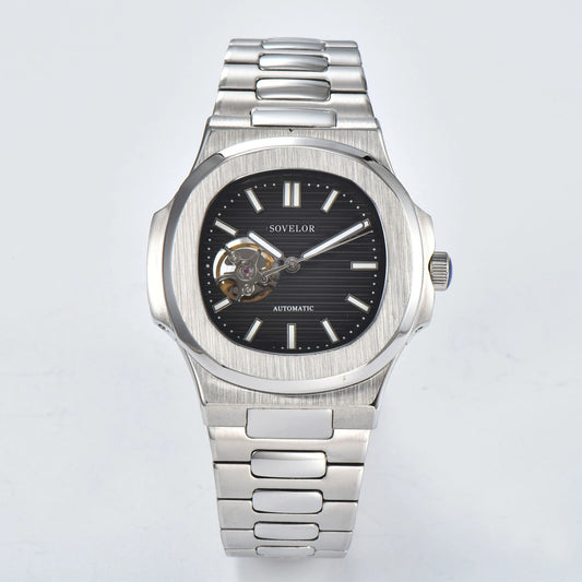 Custom Nautilus style Seiko mod watch, black open heart dial with stainless steel bracelet, NH38 automatic movement