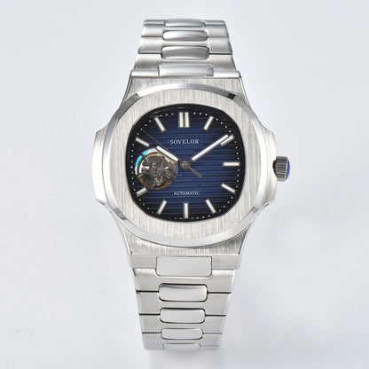 Custom Nautilus style Seiko mod watch, blue open heart dial with stainless steel bracelet, NH38 automatic movement