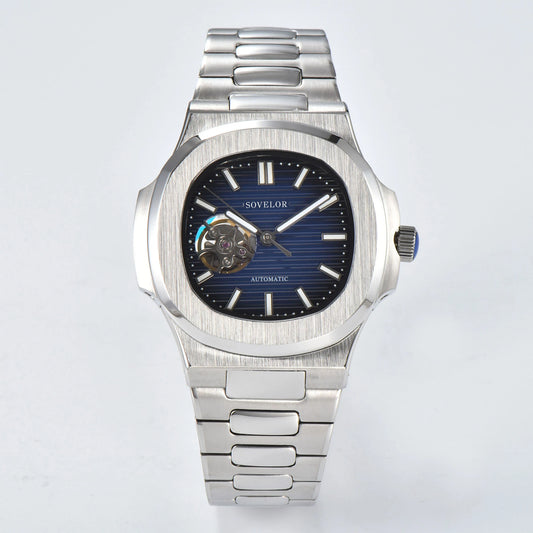Custom Nautilus style Seiko mod watch, blue open heart dial with stainless steel bracelet, NH38 automatic movement