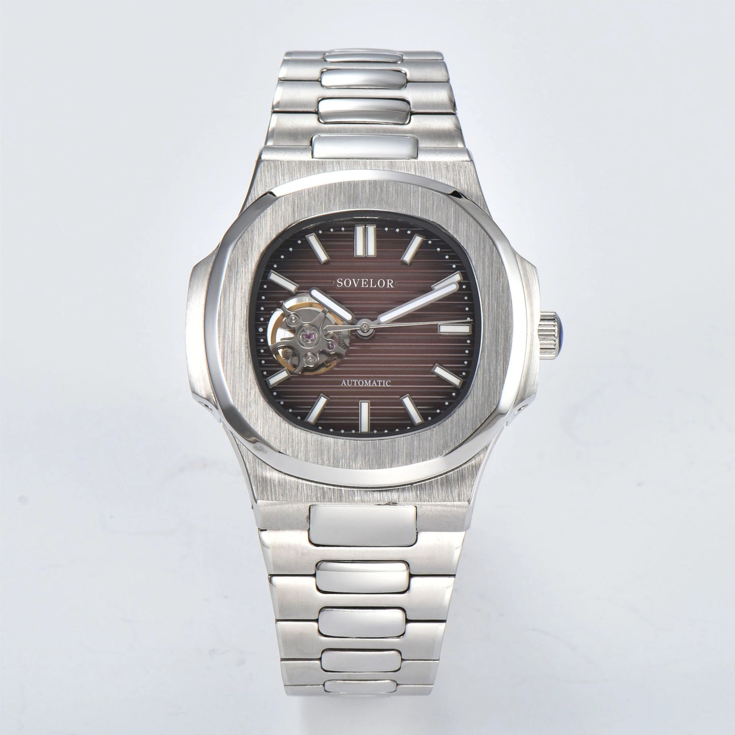 Custom Nautilus style Seiko mod watch, brown open heart dial with stainless steel bracelet, NH38 automatic movement