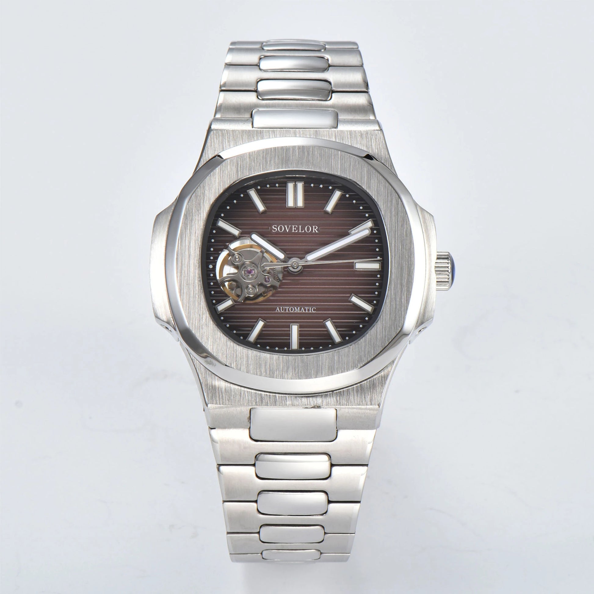 Custom Nautilus style Seiko mod watch, brown open heart dial with stainless steel bracelet, NH38 automatic movement