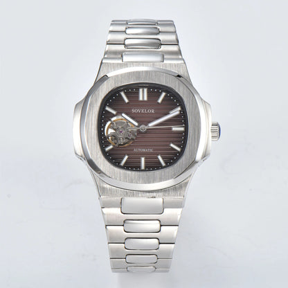 Custom Nautilus style Seiko mod watch, brown open heart dial with stainless steel bracelet, NH38 automatic movement