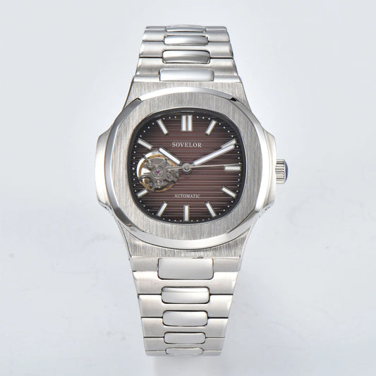 Custom Nautilus style Seiko mod watch, brown open heart dial with stainless steel bracelet, NH38 automatic movement