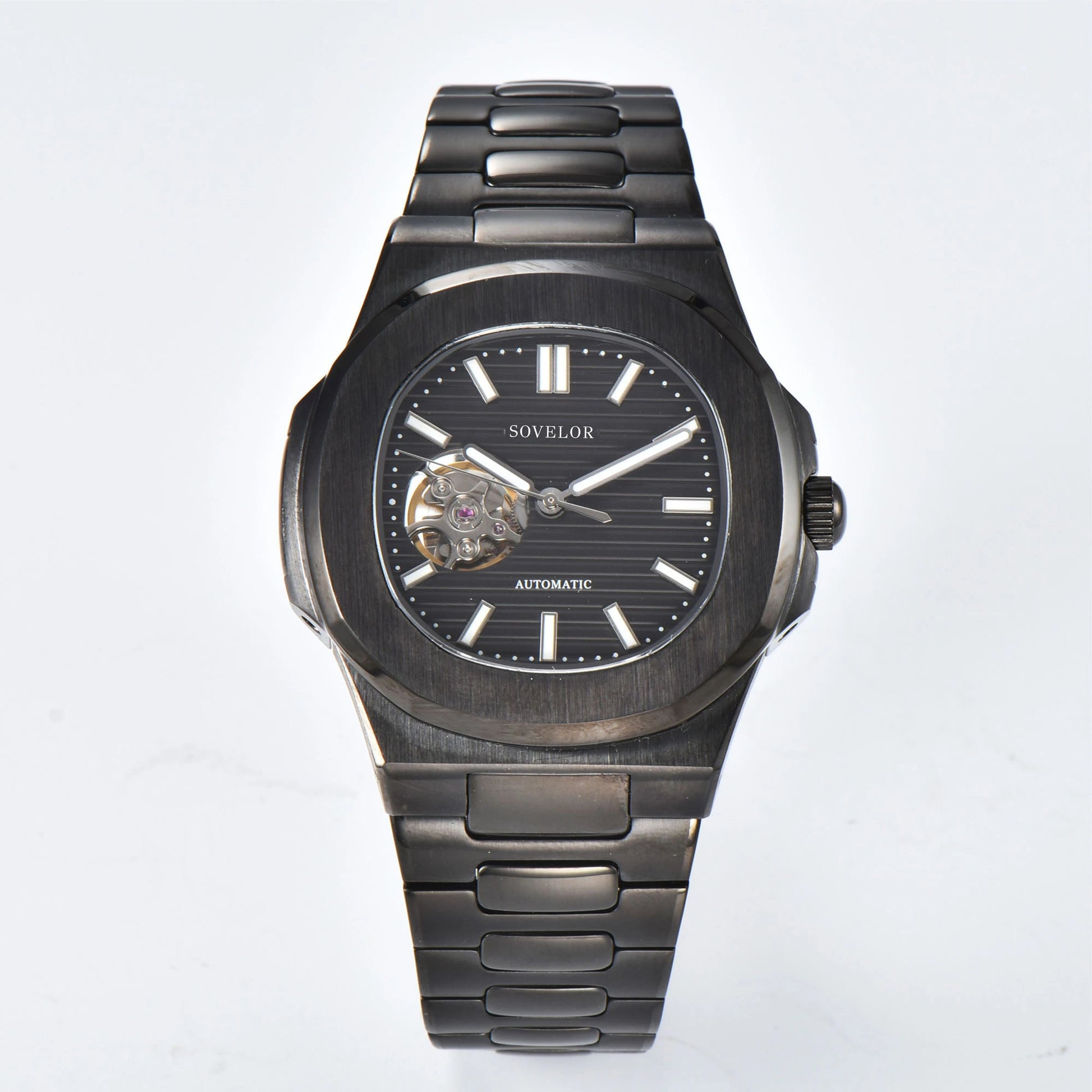 Custom Nautilus style Seiko mod watch, full black open heart dial with stainless steel bracelet, NH38 automatic movement