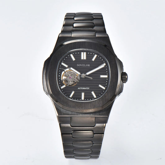 Custom Nautilus style Seiko mod watch, full black open heart dial with stainless steel bracelet, NH38 automatic movement